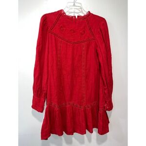 Zara Women Small Red Shift Dress Size XS Ruffle Hem Tunic Dress Romantic Long Sl
